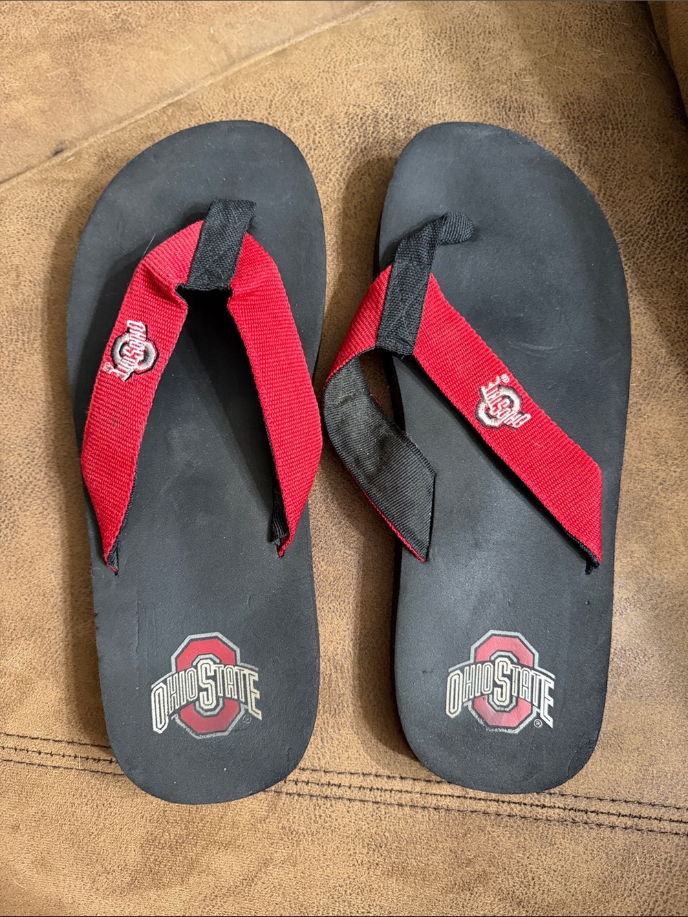 Red and Black Logo Flip Flop Sandals